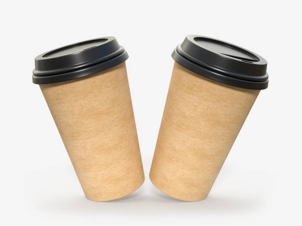 istock 3D coffee cup mockups disposable with plastic lid. Blank paper mugs for takeaway hot or cold beverage, milkshake, tea or coffee cups, isolated on background. Mockup packaging design for branding 2202592794
