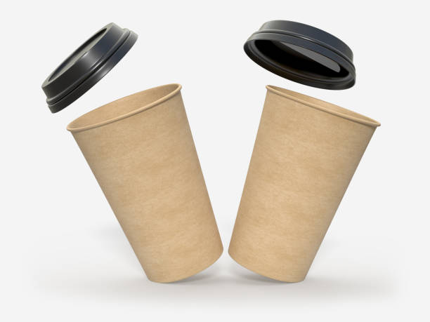 istock 3D coffee cup mockups disposable with plastic lid. Blank paper mugs for takeaway hot or cold beverage, milkshake, tea or coffee cups, isolated on background. Mockup packaging design for branding 2202592798