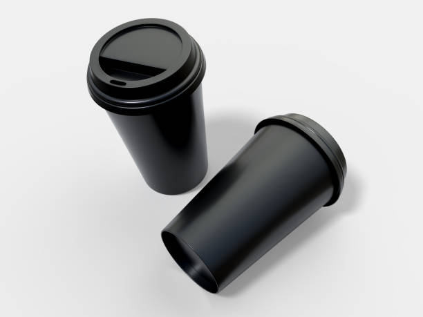istock 3D coffee cup mockups disposable with plastic lid. Blank black plastic mugs for takeaway hot or cold beverage, milkshake, tea or coffee cups, isolated on background. Mockup packaging for branding 2202592799
