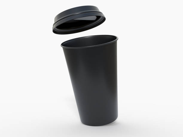 istock 3D coffee cup mockups disposable with plastic lid. Blank black plastic mugs for takeaway hot or cold beverage, milkshake, tea or coffee cups, isolated on background. Mockup packaging for branding 2202592803