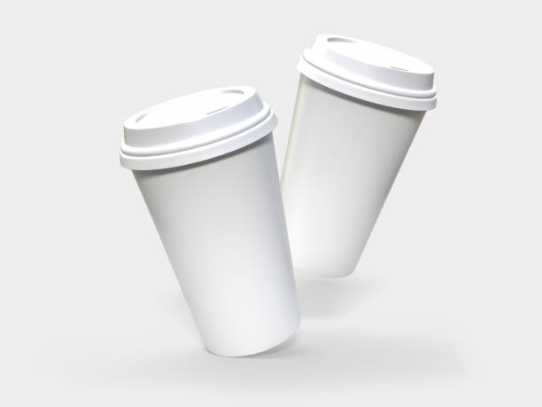 istock 3D coffee cup mockups disposable with plastic lid. Blank white plastic mugs for takeaway hot or cold beverage, milkshake, tea or coffee cups, isolated on background. Mockup packaging for branding 2202592810