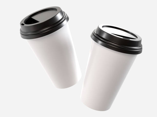 istock 3D coffee cup mockups disposable with plastic lid. Blank white plastic mugs for takeaway hot or cold beverage, milkshake, tea or coffee cups, isolated on background. Mockup packaging for branding 2202592821