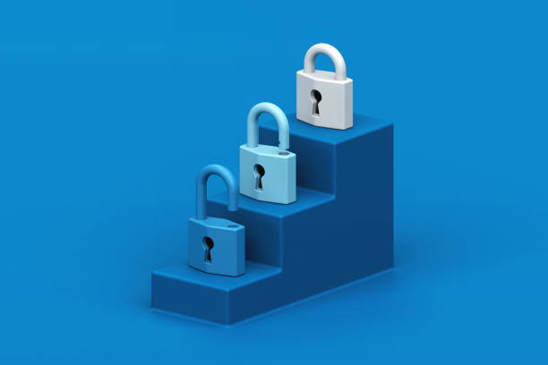 istock Security Steps, Conceptual representation of security progression, depicting padlocks ascending staircase, each symbolizing stages of protection, 3d rendering 2202603258