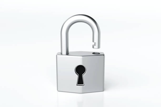 Open padlock with sleek, unlocked padlock security metallic silver design, access, data protection, and cybersecurity concepts, 3d rendering stock photo
