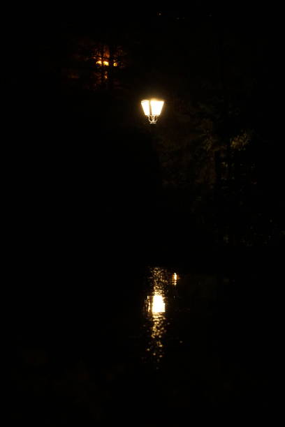 The photos show lampposts casting a warm glow on a quiet sidewalk in El Retiro Park, Madrid. Shadows from trees and lampposts fall across the street. Another photo shows the reflection of a lamppost on the water. Two people walk along the street.