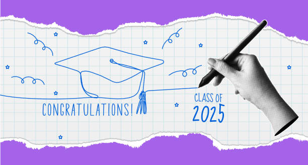 istock Congratulations, class of 2025. Trendy halftone collage banner with hand with pen draws one line graduation cap. Happy graduation day. Modern retro style. Vector illustration 2202617758