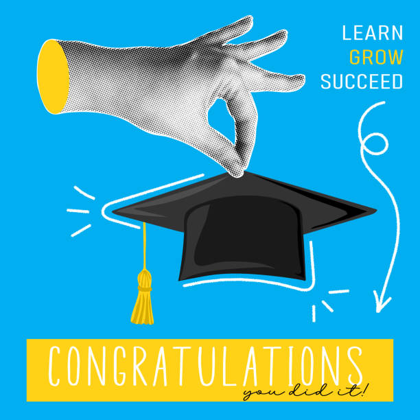 istock Congratulations, you did it. Trendy halftone collage banner with hand holding graduate cap. Happy graduation day. Modern retro style.  Vector illustration. 2202617771