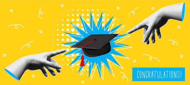 istock Congratulations. Trendy halftone collage banner with hands pointing fingers to graduation cap. Happy graduation day. Modern retro style. Vector illustration. 2202617819
