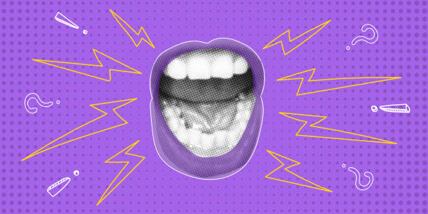 Trendy halftone collage banner with mouth open in a scream. Lightnings fly out of it like an abstract sound. Contemporary advertising banner for sale, promotion and marketing