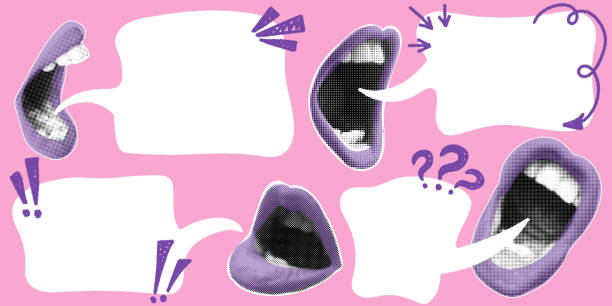 Trendy halftone collage lips with speech bubbles. Set of retro style halftone screaming mouths. Great for advertising banner for sale, promotion and marketing