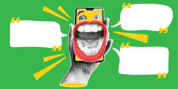 istock Trendy halftone collage with hand holding phone with screaming mouth on display and speech bubbles. Social media poster with space for your text. Advertising banner for sale, promotion and marketing 2202618199