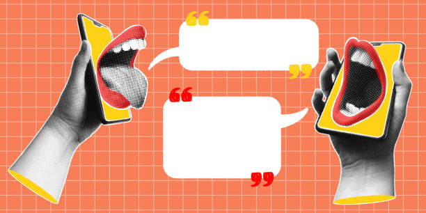 Trendy halftone collage with hands holding phones with screaming mouth on display and speech bubbles. Social media poster with space for your text. Advertising banner for sale, promotion and marketing