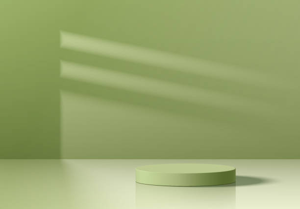 istock Olive green 3D cylindrical pedestal podium background with window lighting wall scene. Minimalist mockup pedestal, Abstract product display presentation, Stage for showcase. Platforms vector design. 2202622532