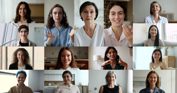 istock Group of pretty multiethnic women staring at camera, collage view 2202623925