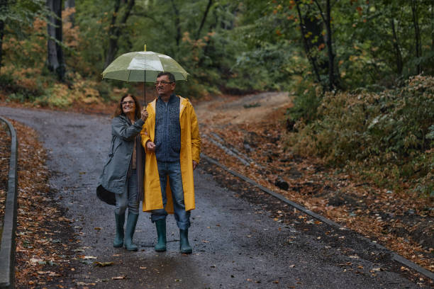 istock Happy embraced senior couple walking with umbrella at forest 2202635336