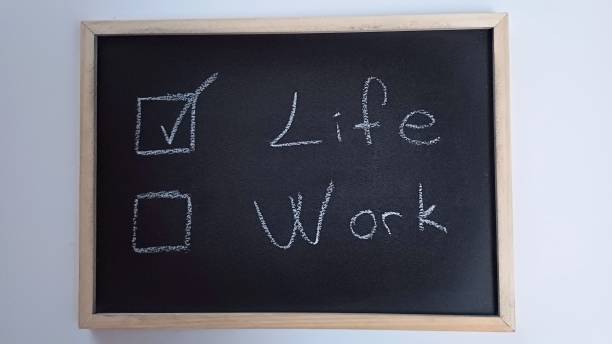 istock choice.   The words life and work written with white chalk. Blackboard. 2202637030