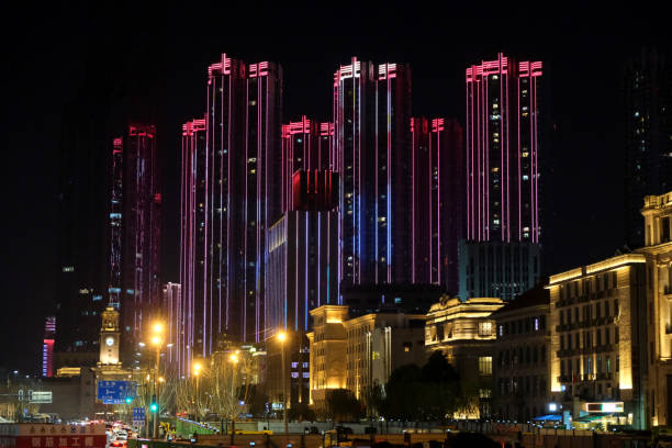View of the Hankow Bund at night, a heritage area located on the northern bank of the Yangtze River in Wuhan, Hubei province.