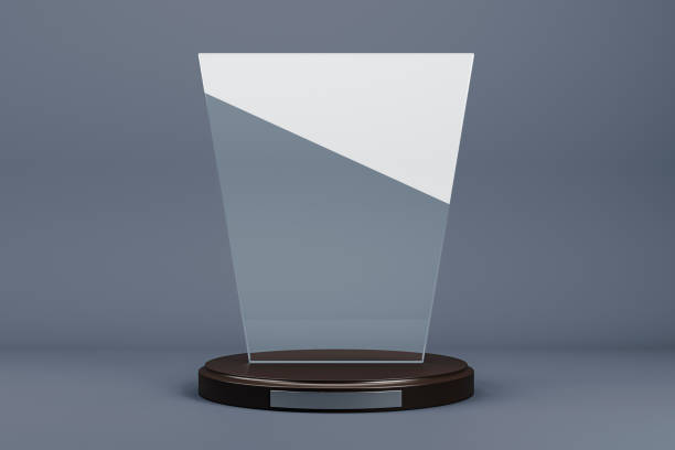 istock Modern transparent glass trophy mockup on dark background. 3D Rendering 2202639583