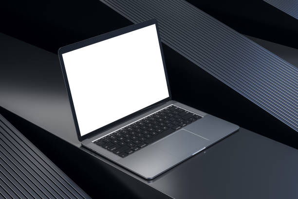 istock Modern laptop with blank screen on dark abstract podium. 3D Rendering 2202639593