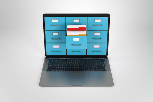 istock Laptop with file drawers representing online data storage concept. 3D Rendering 2202639753