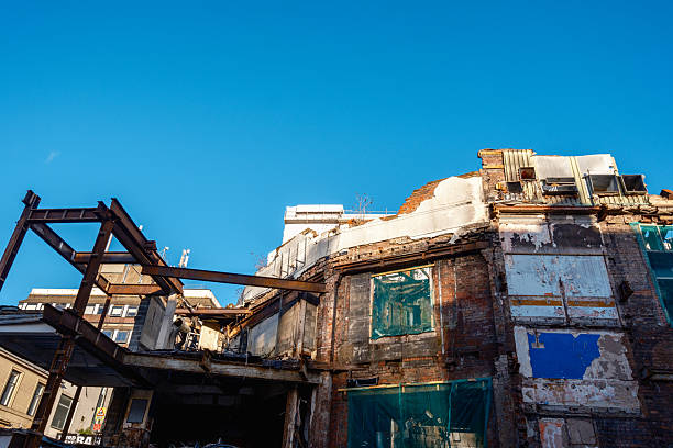 Glasgow Scotland: 8th Jan 2025: ABC Glasgow Academy fire damage. Decaying building showcases remnants of a once vibrant structure in an urban area under blue sky