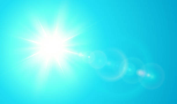 istock Sunny background, sun with lens flare on blue sky, hot weather concept, summer background illustration. 2202646777