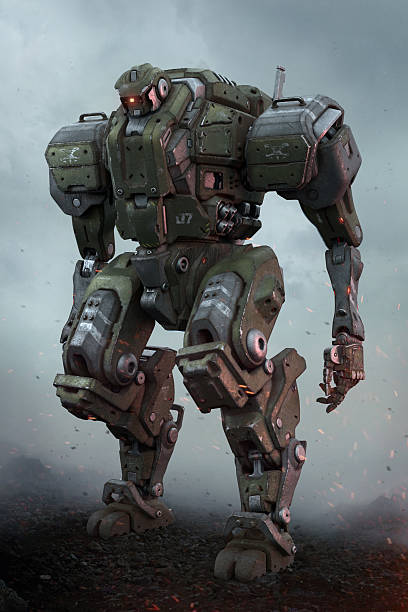 3d render sci-fi mech soldier standing on the ground against a cloudy sky background.