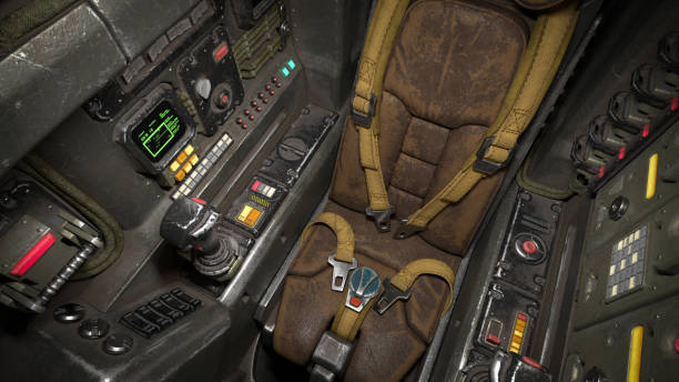 Science fiction pilot's seat in the cockpit. Futuristic spaceship cockpit. Old brown leather pilot seat with yellow safety belts. Sci-fi space fighter craft cockpit. Mech Pilot's seat. 3d rendering.