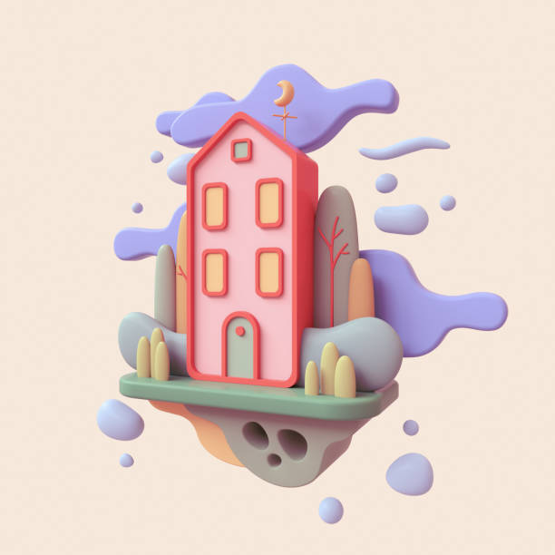Floating island in the clouds. Cute pink cozy house stands on green lawn with bushes, tall trees. Home sweet home. Stay Home. Modern house with yellow windows, green door. 3d render in pastel colors.