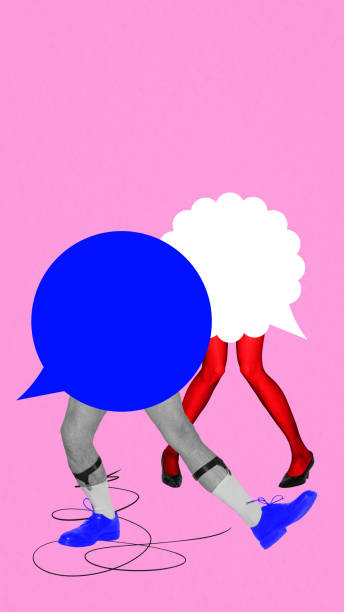 istock Two speech bubbles with moving legs illustrate dynamic conversation, emotional exchange, rhythm in communication. 2202655441