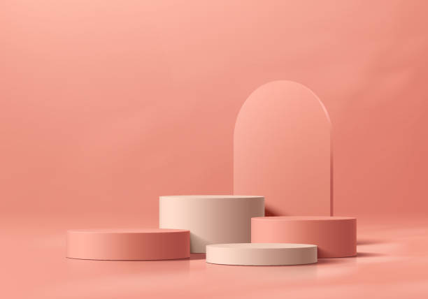 istock Coral red 3D cylindrical podium background with arch backdrop. Studio wall scene. Minimalist mockup pedestal. Abstract stand product display presentation. Stage for showcase. Vector platform design. 2202657291