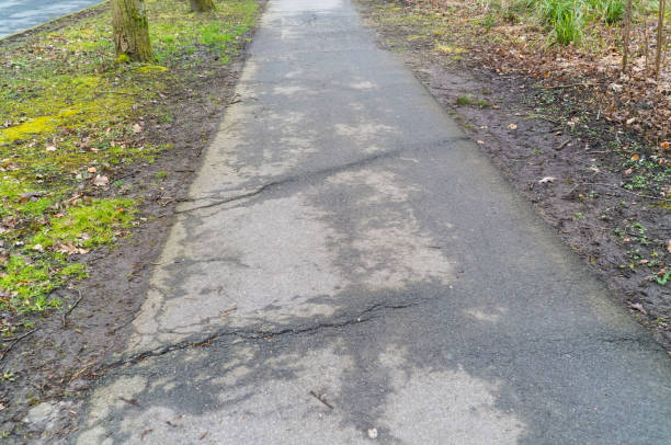 Close-up on a thin concrete division between grass and road