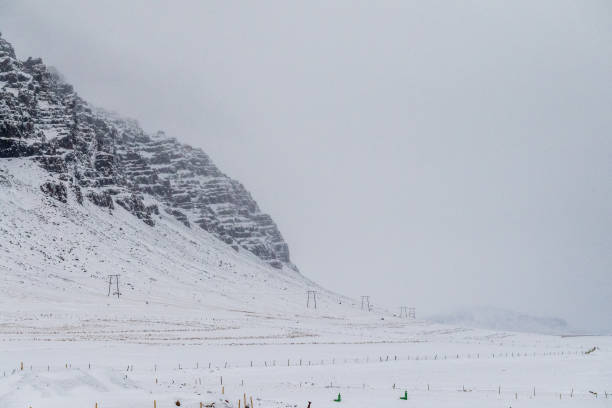 A winter scene in iceland, showing a snow-covered landscape on a somewhat cloudy day.