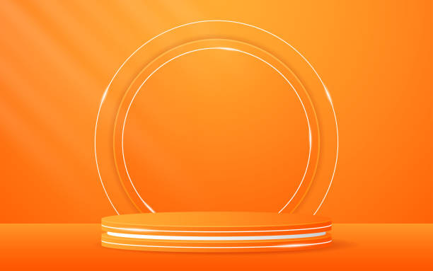 istock Orange podium with white lines and an orange circle on the back for product presentation 2202659088