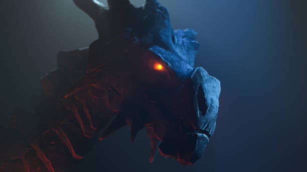 istock 3d render head with a long neck of a huge angry medieval gray dragon. 2202661261