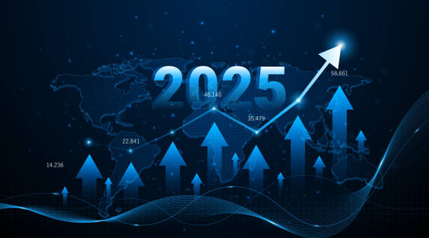 istock Arrow pointing upwards for future company growth in 2025. Stock market graph with rising candles 2202661333