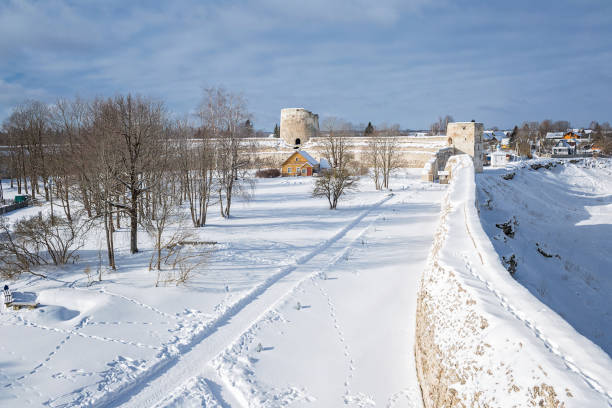 Izborsk, Russia - February 24, 2018: Izborsk fortress and St. Nicholas Cathedral.