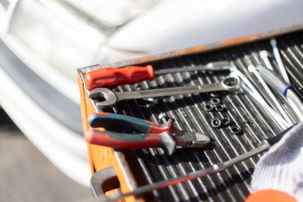 Car repair tools.  Auto mechanic's tools. in the background