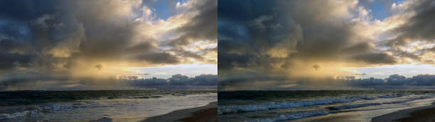 Two frame grabs of clouds, sea, ocean, sand, water.