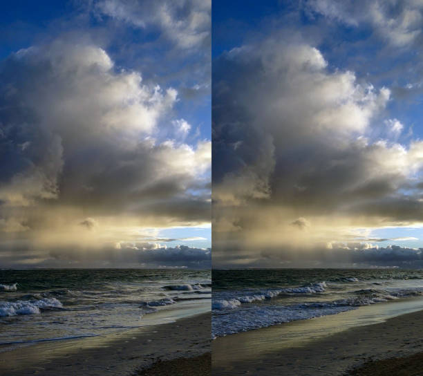 Two frame grabs of clouds, sea, ocean, sand, water.