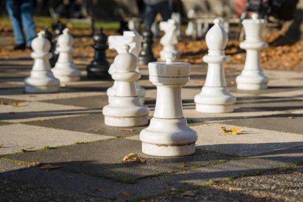 istock Large chess pieces are placed on a chessboard in the park. 2202668169
