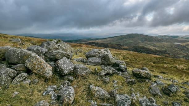 istock A landscape showcasing scattered boulders on the hillside with distant rolling hills covered in greenery. The sky is overcast, creating a dramatic atmosphere over the terrain. 2202674009