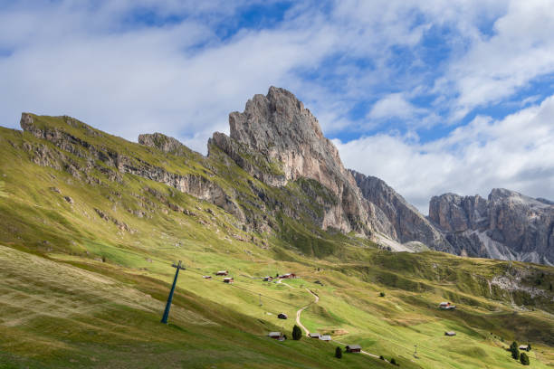 Steep cliffs of Seceda rise dramatically above lush meadows featuring scattered alpine huts, a winding path