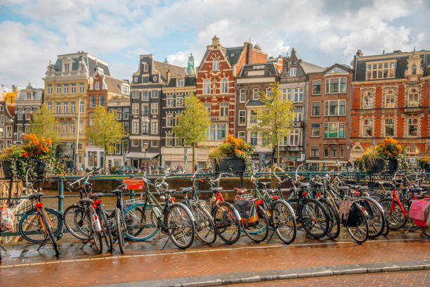 A row of bicycles parked along a canal in Amsterdam, Netherlands, with traditional Dutch architecture in the background. The scene captures the city's cycling culture and picturesque urban landscape. The damp pavement and dramatic clouds suggest a recent rain shower, adding a moody yet vibrant atmosphere to the historic cityscape