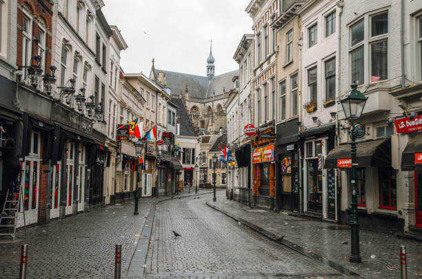 istock Empty Cobbled Streets of Breda with Grote Kerk in the Background, Netherlands 2202677915