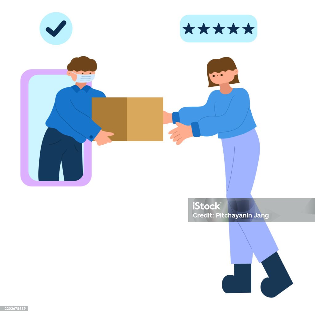 Customer Delivery Graphics Online Delivery Service With Masked Courier And Satisfied Customer Flat ...