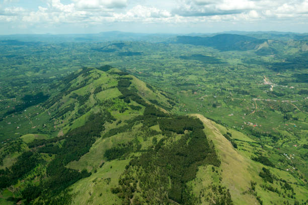 This panoramic shot showcases the magnificent terraced hills of Rwanda, a landscape rich with shades of green vegetation and signs of agricultural life. The scene includes a rural road and several small structures, providing a glimpse into the daily life in this beautiful region. Ideal for content on African travel, sustainable development, or environmental themes.