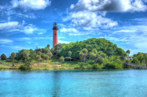 Jupiter Inlet Lighthouse With Blue Skys and Clouds.