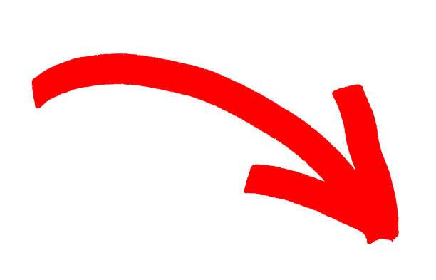 Down red arrow icon isolated on a white background. Curved graph falling down side. The arrow sign is drawn by hand with a marker. Flat lay. Clipping path