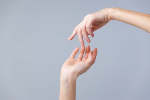 Delicate Interplay of Hands Displaying Connection and Touch Amidst a Soft Gray Background in a Captivating Artistic Composition